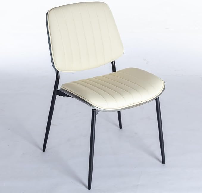 Dining Chairs Set of 6, Mid Century Modern Accent Dining Room and Kitchen Chairs, Upholstered PU Leather Vertical Stripe Chairs for Vanity with Walnut Bentwood and Metal Legs, Beige
