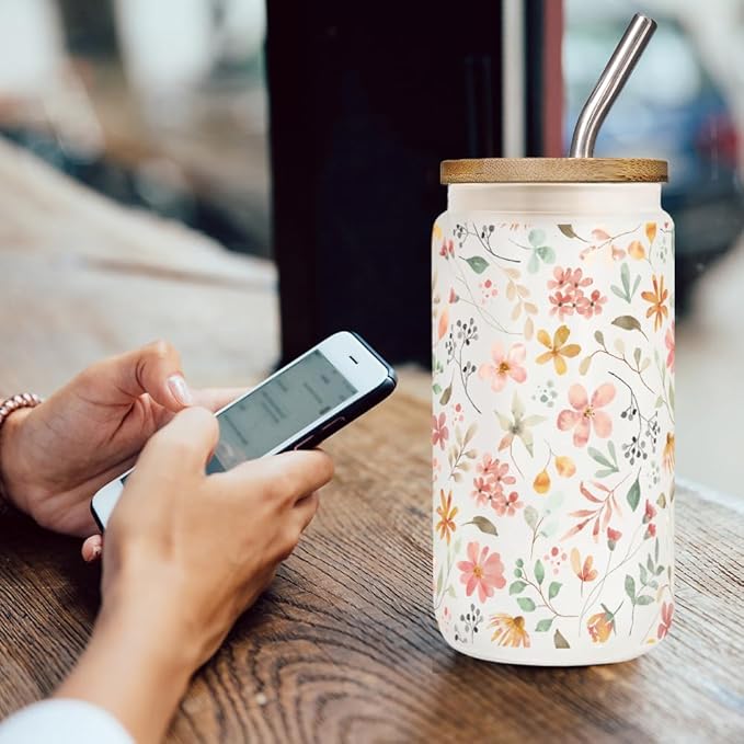 Floral Iced Glass Cups with Bamboo Lids and Straws 16oz Wildflower Coffee Cup Gift for Women Cute Flower Drinking Glass with Cleaning Brushes Gifts for Mother Birthday Bridesmaid Party