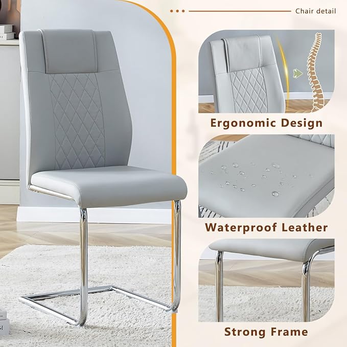 63'' Glass Dining Table Set for 6, Kitchen Table Chairs Set of 6, Clear Glass Dining Table with White unique design Leg and Silver Metal Base, 6 PU Dining Chairs with Metal Legs, Living Room, Kitchen.