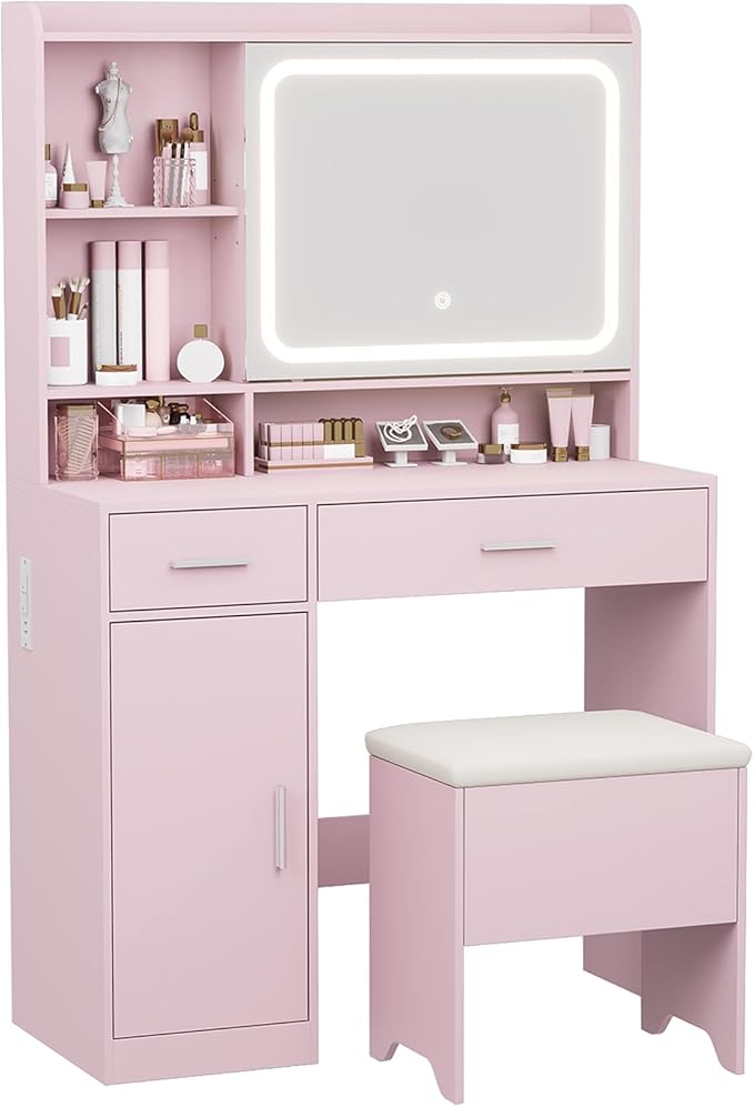 Vanity Desk with Sliding Mirror & Power Outlets - Dimmable LED Lighting, 4 Open Shelves, 2 Drawers, 1Storage Cabinet & Padded Stool - Ideal Bedroom Makeup Dressing Table （Pink）
