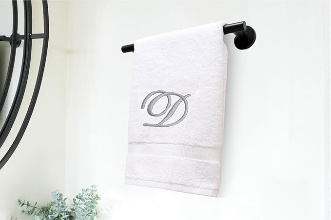 White Monogrammed Hand Towels for Bathroom - Luxury Hotel Quality Personalized Initial Embroidered Towel for Powder Room, Spa - GOTS Organic Certified - Set of 2 Silver Letter D