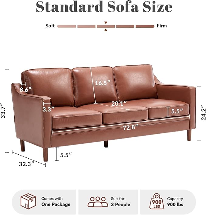 Kingfun 80" Faux Leather Sofa, 3 Seater Couch, Mid Century Modern Couches with Solid Wood Frame for Living Room & Bedroom, Dark Brown
