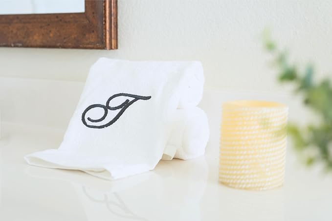 White Monogrammed Hand Towels for Bathroom - Luxury Hotel Quality Personalized Initial Embroidered Towel for Powder Room, Spa - GOTS Organic Certified - Set of 2 Dark Gray Letter T