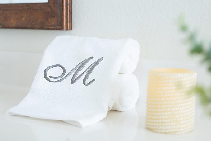 White Monogrammed Hand Towels for Bathroom - Luxury Hotel Quality Personalized Initial Embroidered Towel for Powder Room, Spa - GOTS Organic Certified - Pack of 2 Silver, Letter M