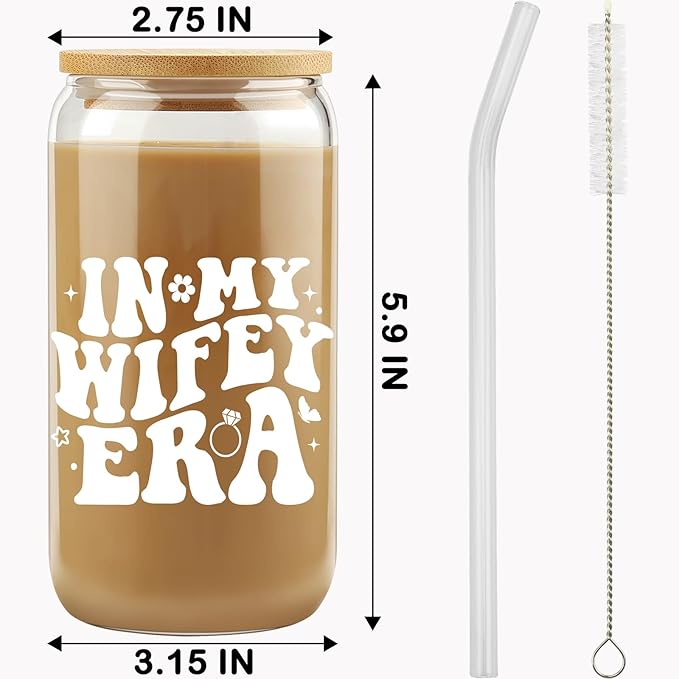 New Wifey Gifts, Bride Wedding Gift, Bridal Shower Gifts, Newlywed Present for Friend, Bride to Be Gift Idea, In My Wifey Era Ice Coffee Cup, Newly Married, Wife Present, 16OZ Glass Cup w/ Lid & Straw