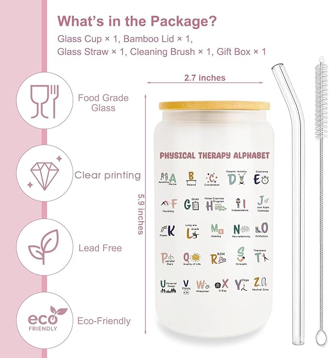 16oz Glass Cup With Lid And Straw, Occupational Therapy Gifts, Physical Therapist Gifts For Women