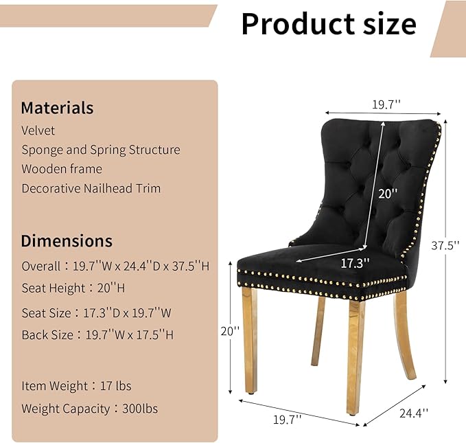 Luxury Upholstered Dining Chairs Set of 2, Black Kitchen Chair with Golden Metal Legs, Velvet Tufted Back Dining Chair, Sillas de Comedor, Modern Kitchen & Dining Room Chairs (Black, 2 Pcs)