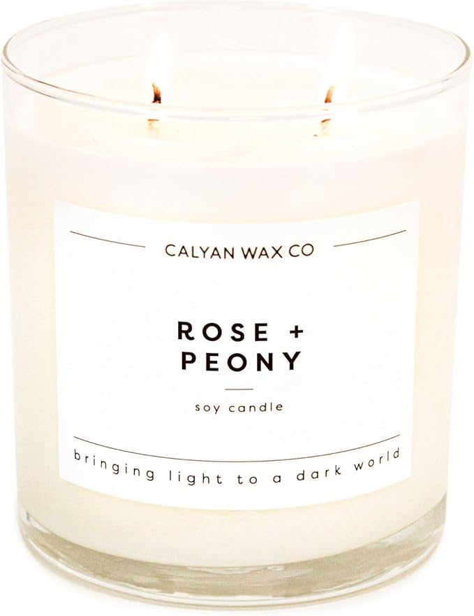 Calyan Wax Co. Rose & Peony 2 Wick Scented Candle - 37 Hour Burn - Luxury Non Toxic Soy Wax Candles - Long Lasting Large Glass Jar Candle for Home - 8.8oz