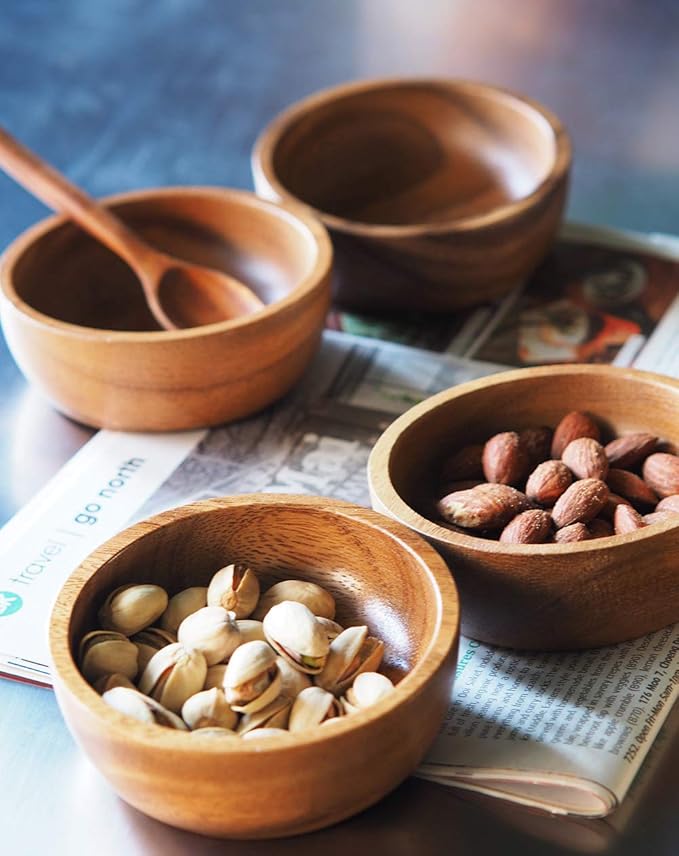 Set of 4 Small Round Acacia Wooden Bowls 3¾ Inch Diameter 1½" High With Spoons - Stackable Mixing Bowl Salad Soup Snack Dip Sauce Charcuterie Wood Tableware Sets for Decor and Serving