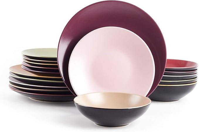Colors Life Dinner 18pc Set, Very Berry - 6 Assorted Colors Berry, Beige, Curry, Olive, Plum and Pink