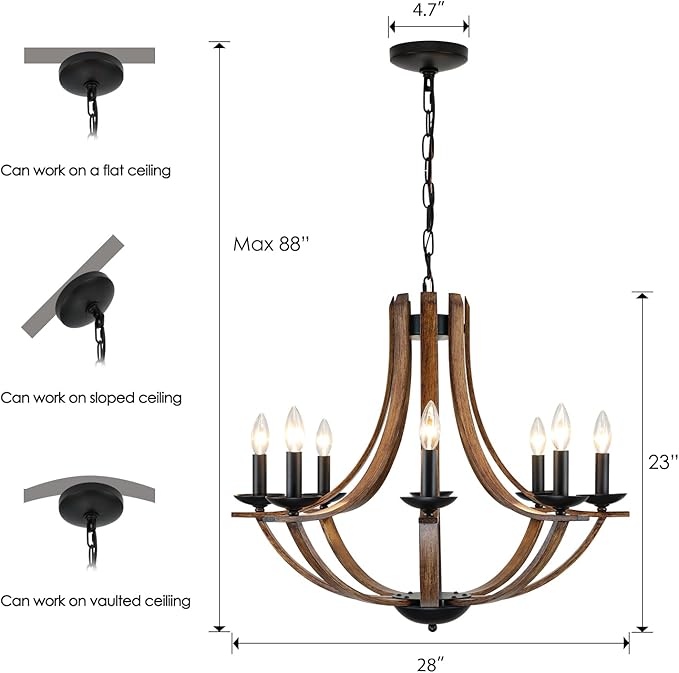 Rustic Farmhouse Dining Room Chandelier Light Fixture, 8-Light 28" Adjustable Chandelier for Kitchen Island, Living Room, Foyer, Staircase, Restaurant, Showroom, Villa, Faux Walnut