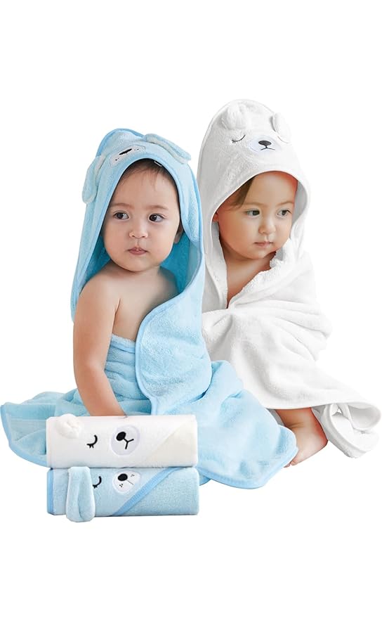 Baby Bath Towel,2 Pack Hooded Babie Towels for Newborn,Infant,Toddler,Ultra Absorbent Soft (White Bear+Blue Bear)