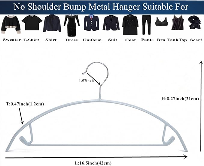 16.5 Inch Metal Clothes Hanger with Non-Slip Rubber Coating, No Shoulder Bumps & No Marks, for Sweaters, T-Shirts, Suits with Pants Bar, Pack of 10, Silver
