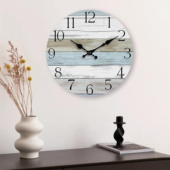 HYLANDA Wall Clock, 12 Inch Wall Clocks Battery Operated Silent Non Ticking, Wooden Clocks Decorative for Kitchen, Bathroom, Bedroom, Living Room Blue