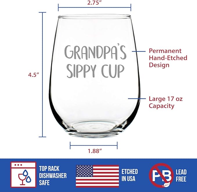 Bevvee Grandpa's Sippy Cup - Stemless Wine Glass Gift for Grandfathers - Fun Birthday Glasses - Large