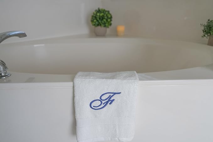 White Monogrammed Hand Towels for Bathroom - Luxury Hotel Quality Personalized Initial Embroidered Towel for Powder Room, Spa - GOTS Organic Certified - Pack of 2 Navy, Letter F