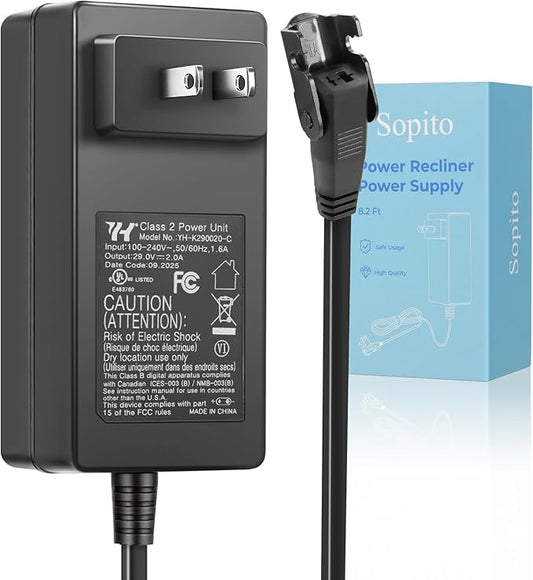 Sopito 2-Pin Power Reliner Power Supply Universal AC/DC Adapter 100-240V, 29V 2A Switching Transformer, Replacement Part for Recliner Sofa/Lift Chair/Electric Couch/Standing Desk
