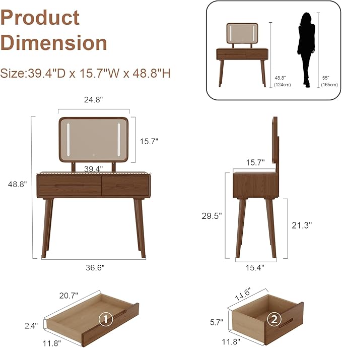 Solid Wood Vanity Desk with Mirror and Lights,Adjustable Height and Brightness, Makeup Vanity with 3 Drawers,Semi-Assembled,Dressing Table for Bedroom (Walnut)