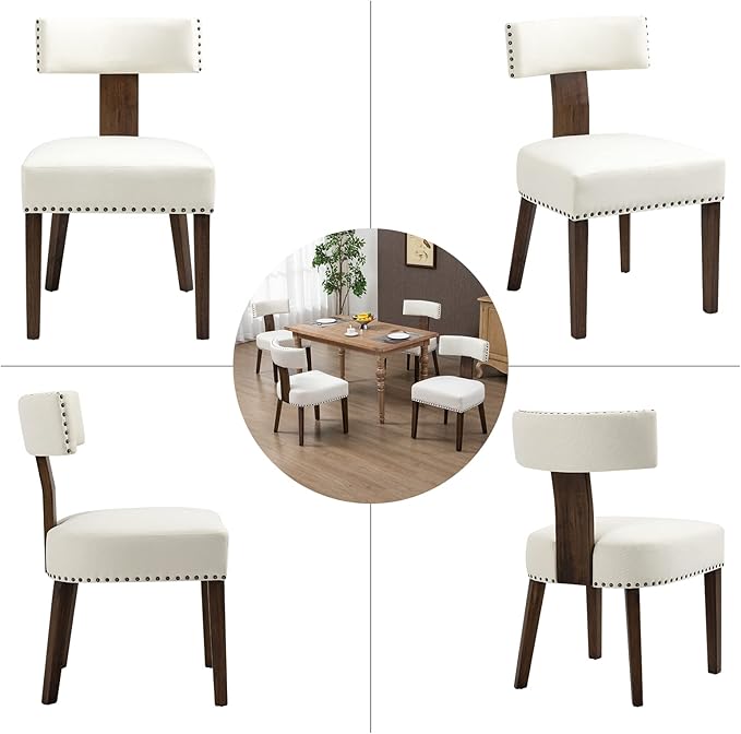 Upholstered Wooden Farmhouse Dining Chairs Set of 4, Mid-Century Modern Fabric Dining Room Chairs with Wood Legs, Curved Backrest Kitchen Armless Accent Chairs for Living Room, Beige