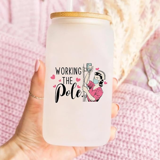 Funny Nurse Gift, Nurse Gifts for Women 16oz Glass Cup With Lid And Straw, Nurse Accessories for Work Nurse Supplies for Nursing Student Friends Sister Bestie Coworker Birthday