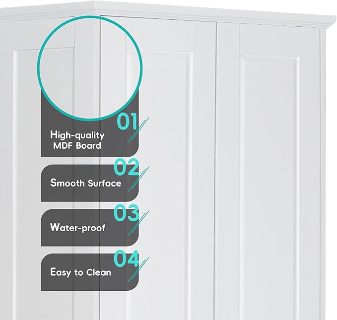 Tall Storage Cabinet with Two Doors for Bathroom, Kicthen or Living Room, 5 Tiers, Adjustable Shelf, Painted Finish, White