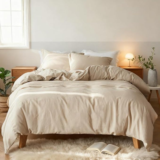 Simple&Opulence French Linen Duvet Cover Set 88" x 92"- 3 Pieces (1 Comforter Cover,2 Pillowcases)- Natural Flax Cotton Blend-Solid Color Breathable Farmhouse Bedding-Linen/Beige, Queen