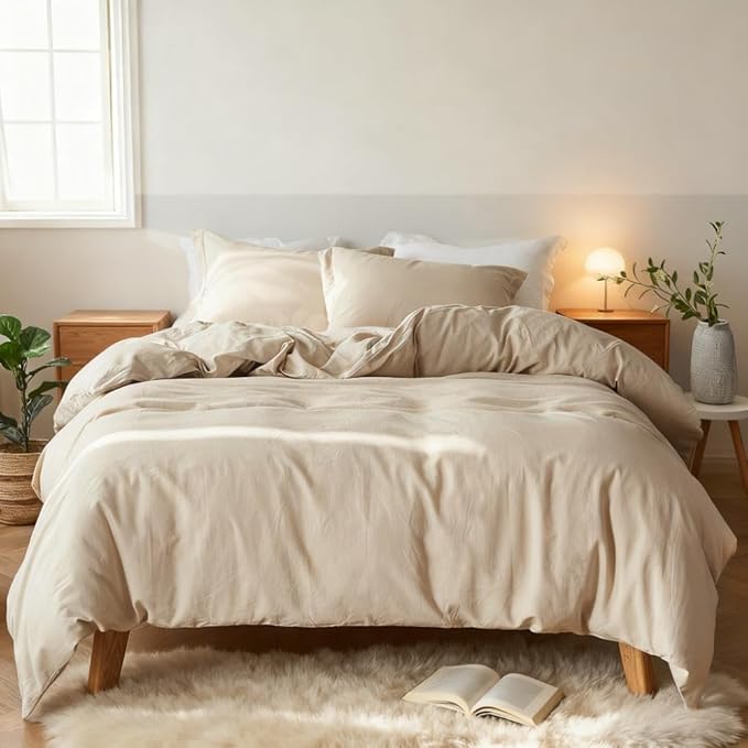 Simple&Opulence French Linen Duvet Cover Set 78" x 86"- 3 Pieces (1 Comforter Cover,2 Pillowcases)- Natural Flax Cotton Blend-Solid Color Breathable Farmhouse Bedding-Linen/Beige, Full
