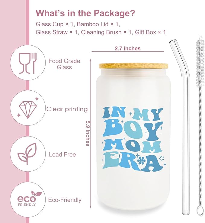 Gifts For Boy Mom, Boy Mom Gifts For Mom, New Mom, Gifts For a Mom of Boys, 16oz Glass Cup with Lid and Straw, Birthday Gifts For Pregnant Mom, Expecting Mom, Mama, Mom To Be