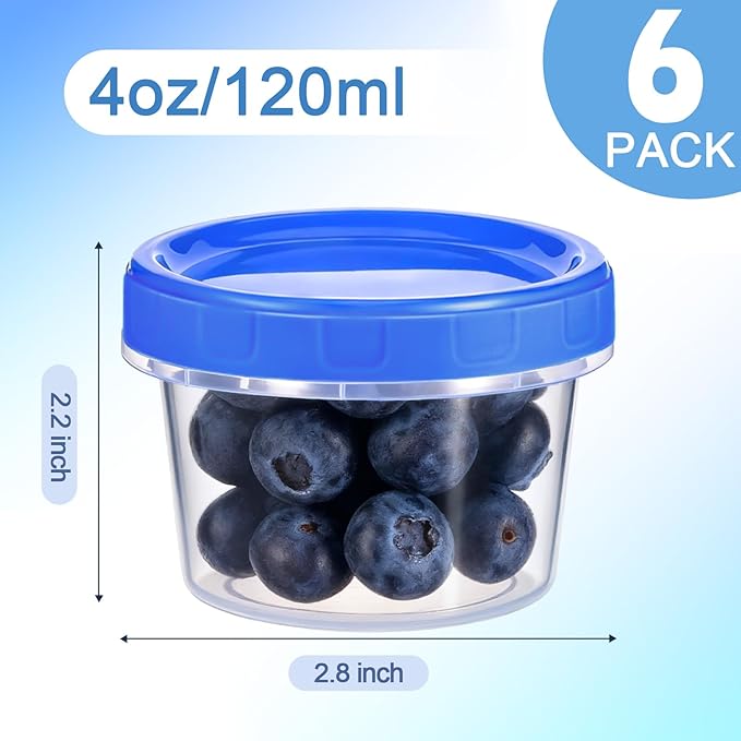 6 Pcs 4 oz Plastic Containers with Screw Lids, Reusable 1/2 Cup Small Food Storage Containers, Airtight Freezer Containers, Microwave & Dishwasher Safe, with Pen and Brush