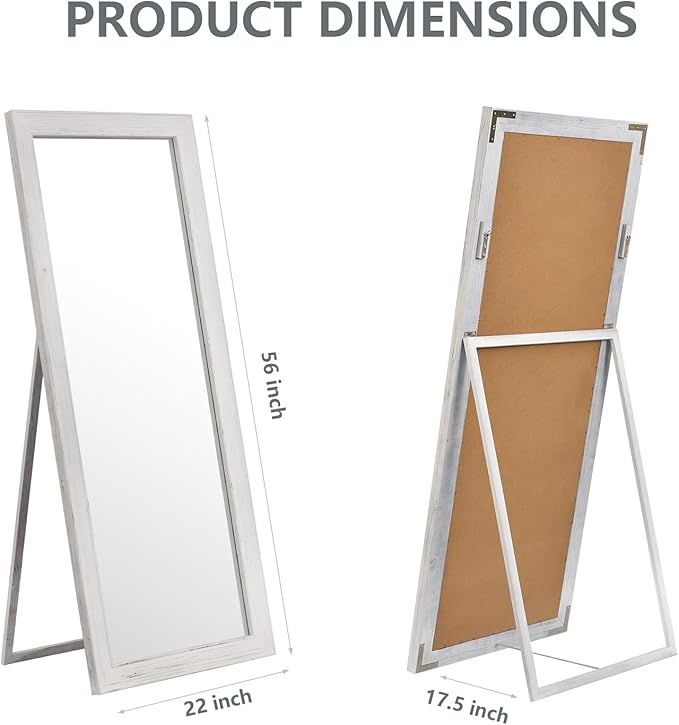 Yumyolk Full Length Mirror 56"x22" with Stand Wood Frame Leaning Hanging for Living Room Bedroom Cloakroom White