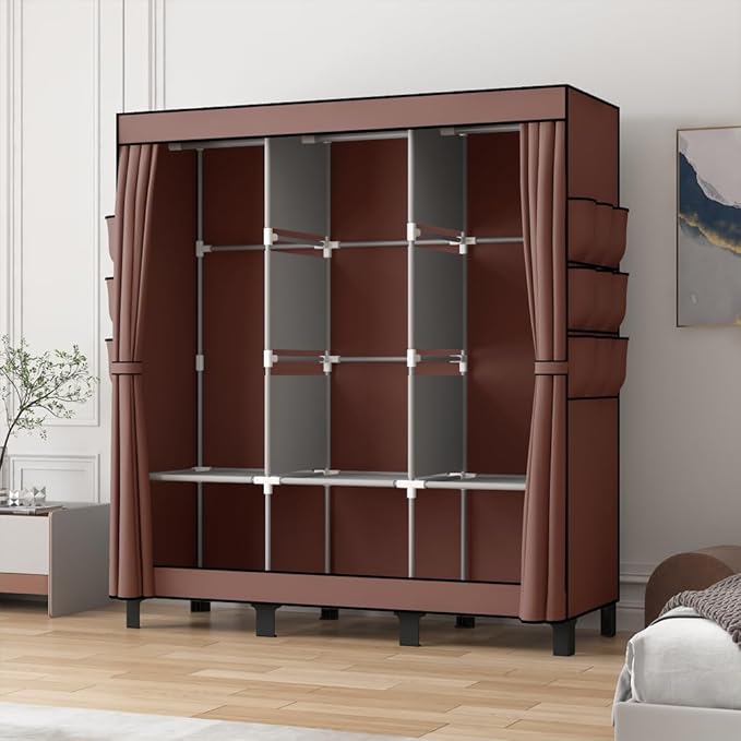 Portable Closet, Clothes Storage Box, Simple Wardrobe for Hanging Clothes, Multiple Shelves and 3 booms,6 Side Pockets (Grey) (Coffee, Large)