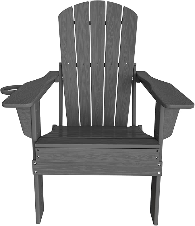 Plawdlik Folding Adirondack Chair, SGS Tested, Wooden Textured with Cup Holder, Heavy All-Weather HDPE Comfortable Set Poolside Backyard Lawn Grey Set 4