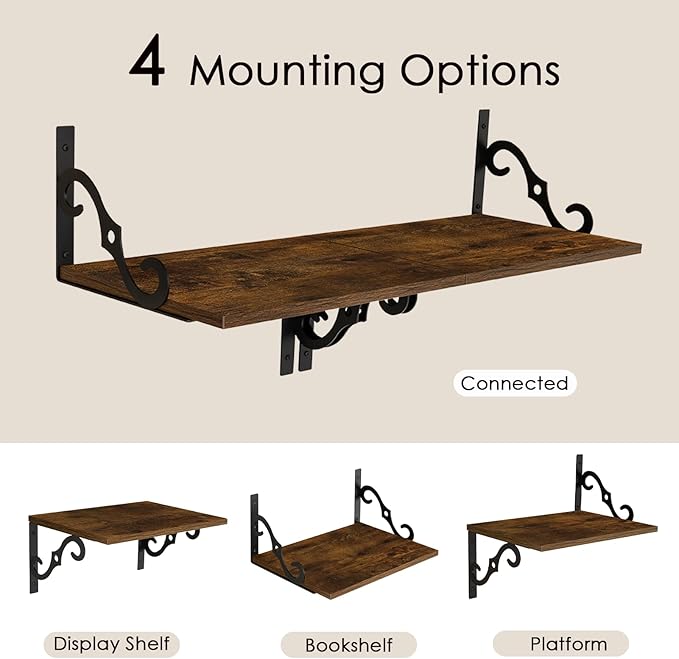 DINZI LVJ Deep Floating Shelves, 16" W x 12" D Wall Shelves Set of 2, Wide Display Shelf Mounted with Brackets, Easy-to-Install Wall Bookshelf for Living Room, Bathroom, Bedroom, Rustic Brown