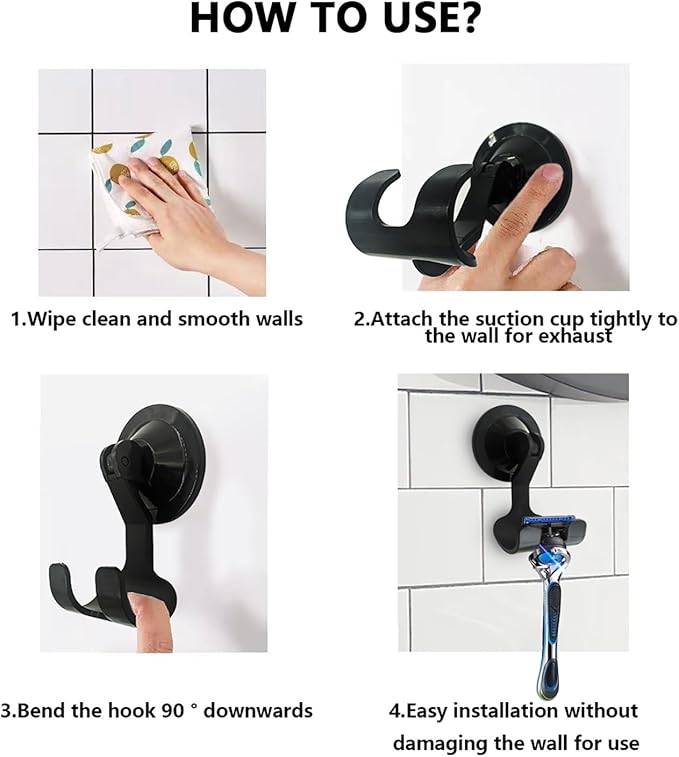2-Pack Razor Holder for Shower with Suction Cup - Vacuum Wreath Hanger for Door, Wall, or Window, No Drill Adhesive Hook for Bathroom, Kitchen, Hotel - Black