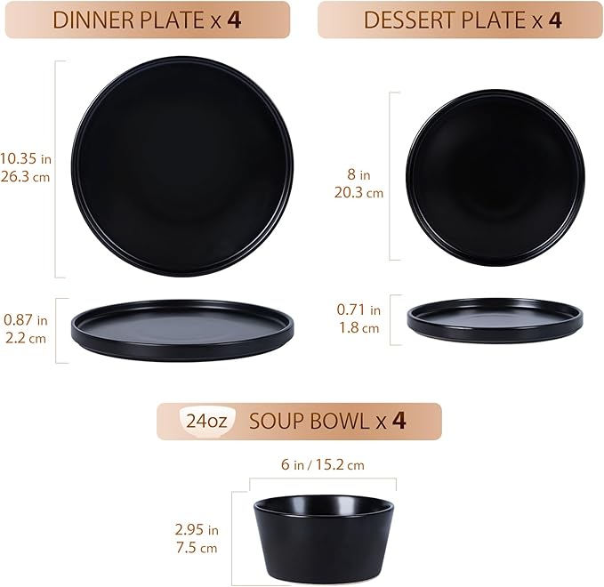 Dinnerware Sets for 4 - CJDC-QUELO 12-Piece Stoneware Plates and Bowls Sets, Ceramic Dishware Sets for Kitchen Use and Formal Dining, Chip and Scratch Resistant Microwave Dishwasher Safe, Black