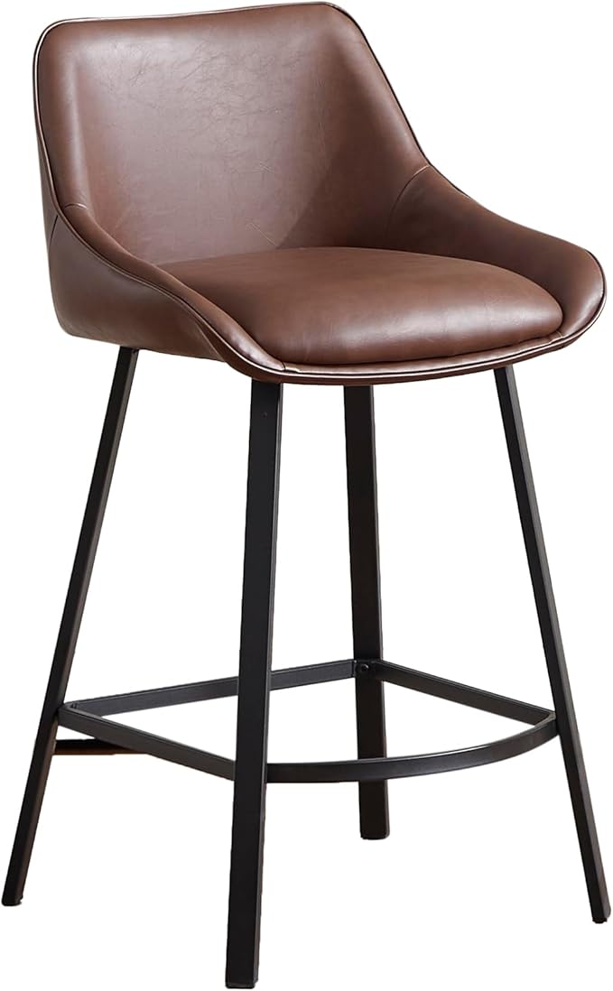 26" Modern Bar Stools Set of 2, Faux Leather Upholstered Bar Stools, Counter Height Bar Chairs with Back for Kitchen, Dining Room, Cafe, Bar - Coffee