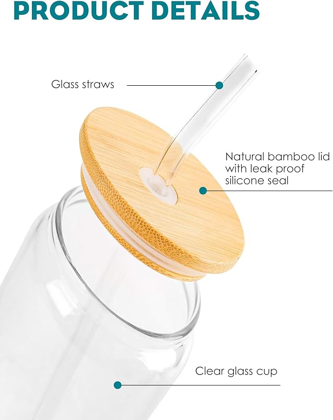 Drinking Glasses with Bamboo Lids and Glass Straw 8PCS Set, 16oz Glass Cups with Lids and Straws, Beer, Iced Coffee Glasses, Soda, Gift 2 Cleaning Brushes