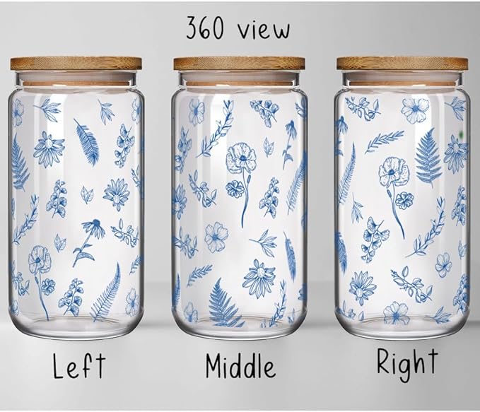 Blue Floral Iced Glass Cups with Bamboo Lids and Straws 16oz Wildflower Coffee Cup Gift for Women Cute Flower Drinking Glass with Cleaning Brushes, Blue Flower Gifts for Birthday Bridesmaid Party