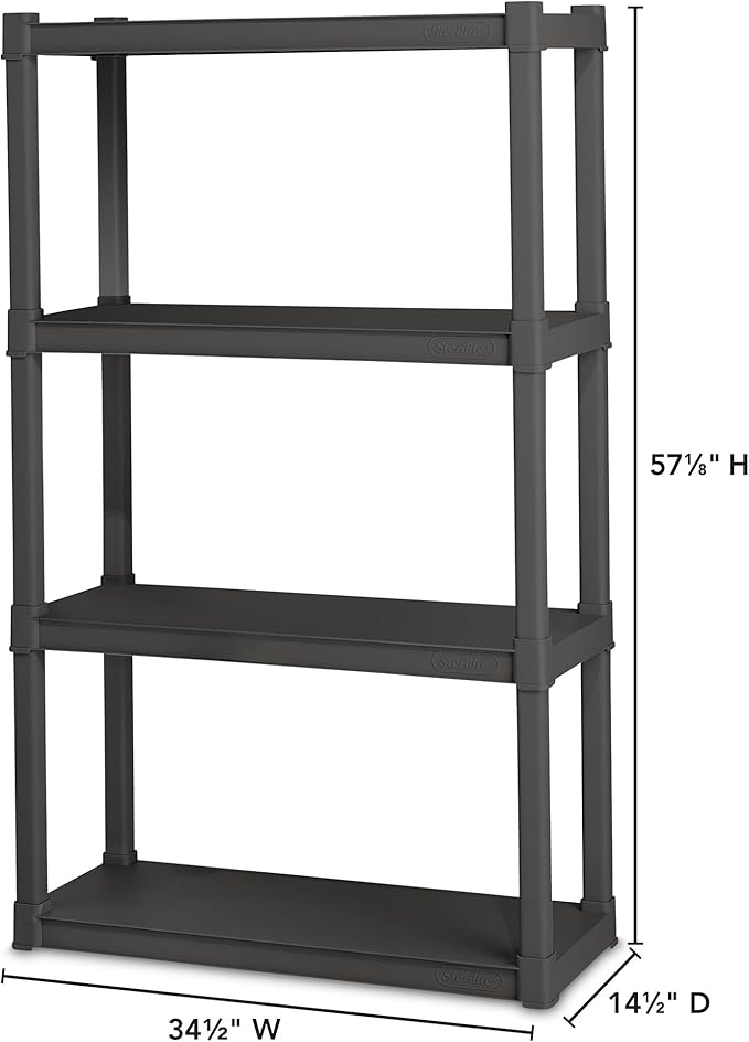 Sterilite 4-Shelf Plastic Storage Rack, Heavy Duty Shelving Unit for Garage, Gray