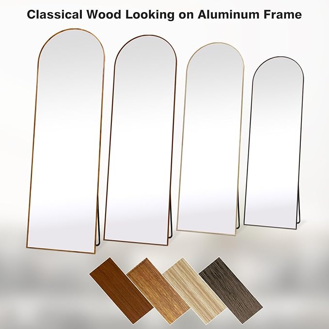 Arched 19x57 Inch Full Length Mirrors Aluminium Frame in Classic Yellowish Brown Wood Looking Free Standing Floor Mirror Full Body Wall Mounted for Bedroom Living Room and Hallway