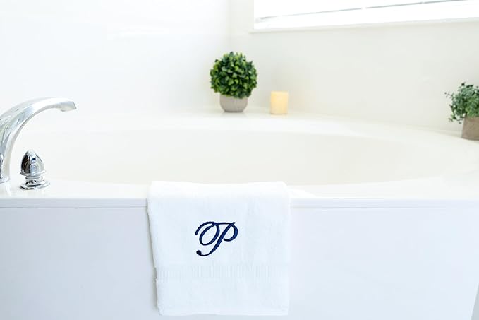 White Monogrammed Hand Towels for Bathroom - Luxury Hotel Quality Personalized Initial Embroidered Towel for Powder Room, Spa - GOTS Organic Certified - Pack of 2 Navy, Letter P