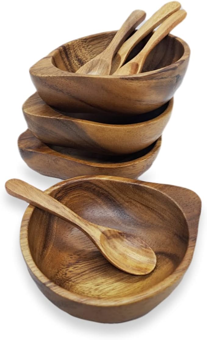 3¾" mini Acacia Wood Bowl with Tip-Supported Holding in small size for Condiments, Dip Sauce, Nuts, Candy, Fruits, Appetizer, and Snacks, Dia 3¾"x 1½" H - Set of 4 (FREE 4 Wood Spoons)