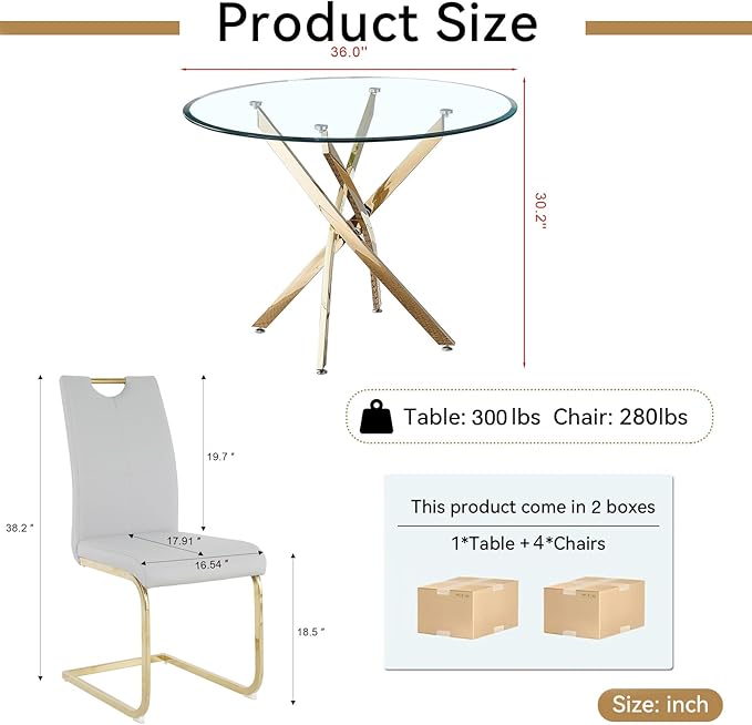 Goujxcy 5 Pieces Round Dining Table Set for 4, Modern Gold Glass Kitchen Table and Chairs for 4 with Upholstered Chairs, Circle Coffee Dining Table Set for Small Space,Apartment,Office