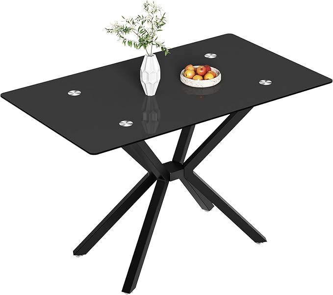 47" Tempered Glass Dining Table for 4, Modern Kitchen Table Rectangle Top, Geometric Metal Leg, for Apartment Dining Room Restaurant (All Black)
