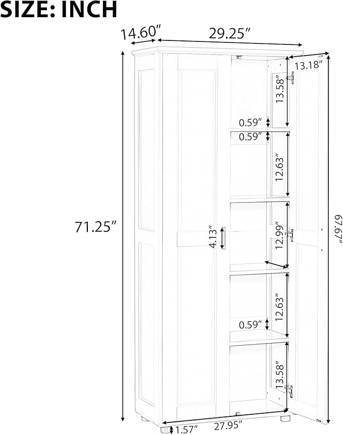 Tall Storage Cabinet with Two Doors for Bathroom, Kicthen or Living Room, 5 Tiers, Adjustable Shelf, Painted Finish, White