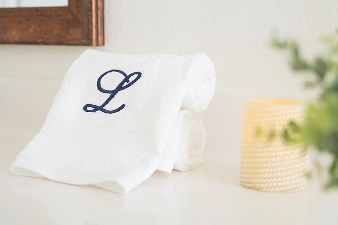 White Monogrammed Hand Towels for Bathroom - Luxury Hotel Quality Personalized Initial Embroidered Towel for Powder Room, Spa - GOTS Organic Certified - Set of 2 Navy Letter L