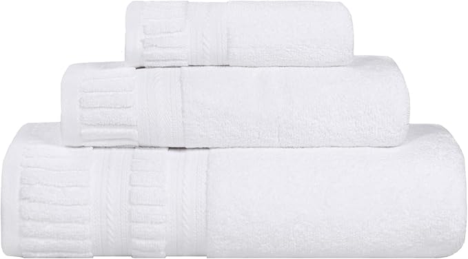 Superior Venice Zero Twist Cotton Medium Weight Towels, for Guest Bath, Bathroom, Shower, Spa, Plush Towels, Bath Essentials, Ribbed Textured Border, 3 Piece Assorted Towel Set, White