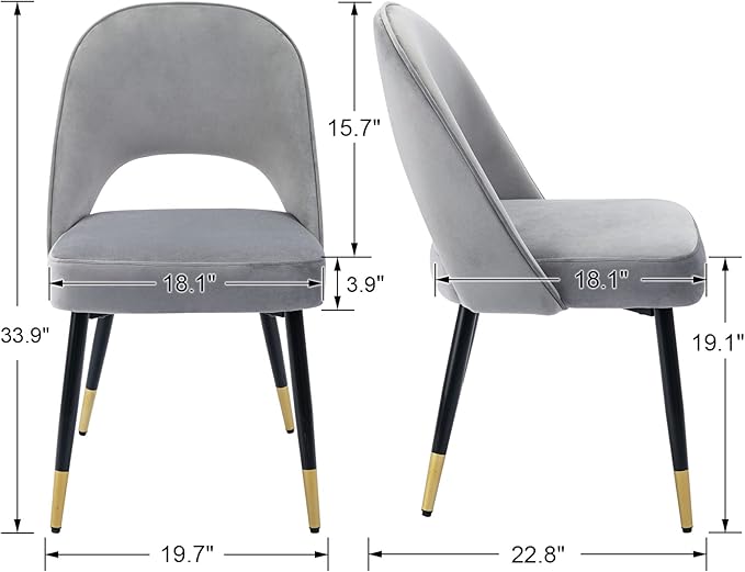 DUOMAY Modern Dining Chair Set of 6 with Open Back, Velvet Upholstered Armless Chair with Metal Frame Side Chair for Kitchen Dining Room Living Room, Grey