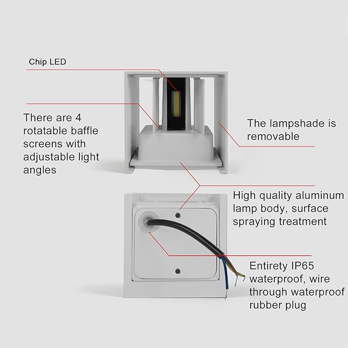 4 PCS LED 12W Outdoor Wall Lights Sconces Exterior/Interior Up and Down Lights IP65 Waterproof Modern Outdoor Lighting Fixtures Square Aluminum Exterior Wall Mount Light White 6500K Cold Lights
