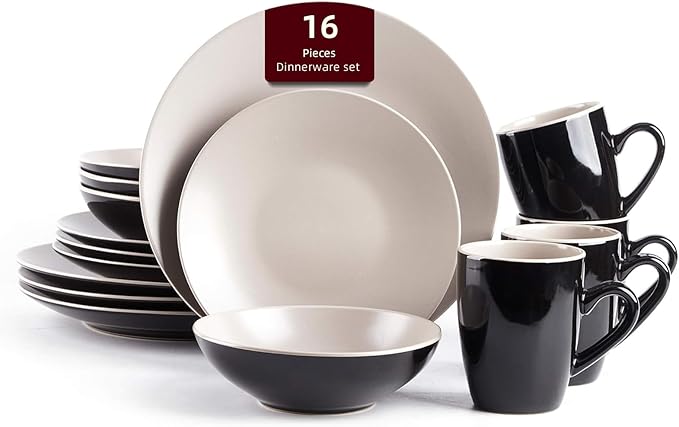 Stoneware Two-Tone Colors Life 16pc Dinner Set， Outside Shiny Black + Inside Matte Glaze Light Beige